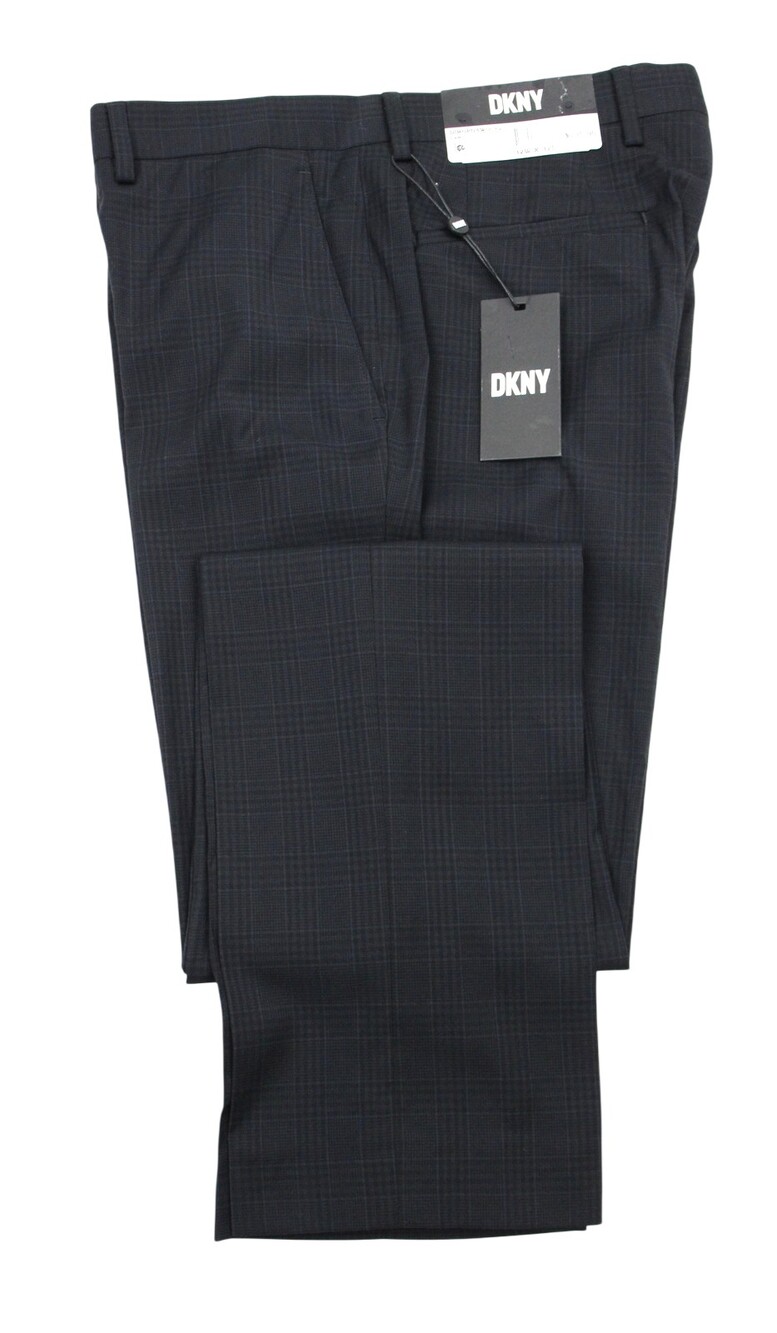 DKNY Dress Pants Mens 32x32 Black Microfiber Plaid Dario Regular Fit Stretch